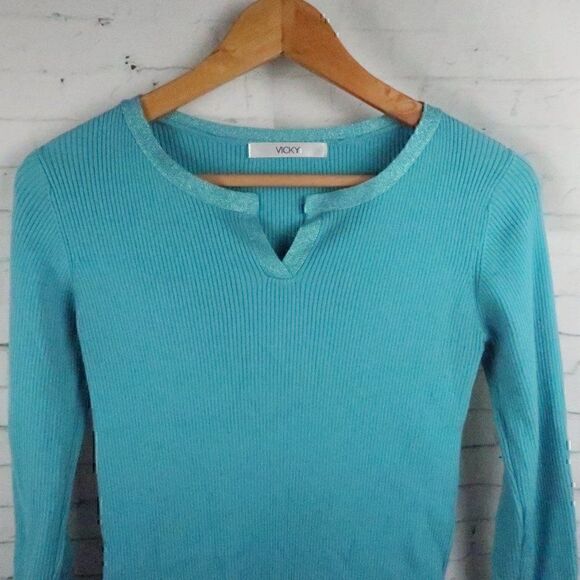 VICKY AQUA BLUE V NECK LONG SLEEVE RIBBED KNIT SWEATER WITH SPARKLE TRIM SIZE 2 - Picture 4 of 10